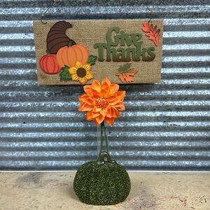 SignGive Thanks, glass beaded green pumpkin & a simple vase with a Orange flower